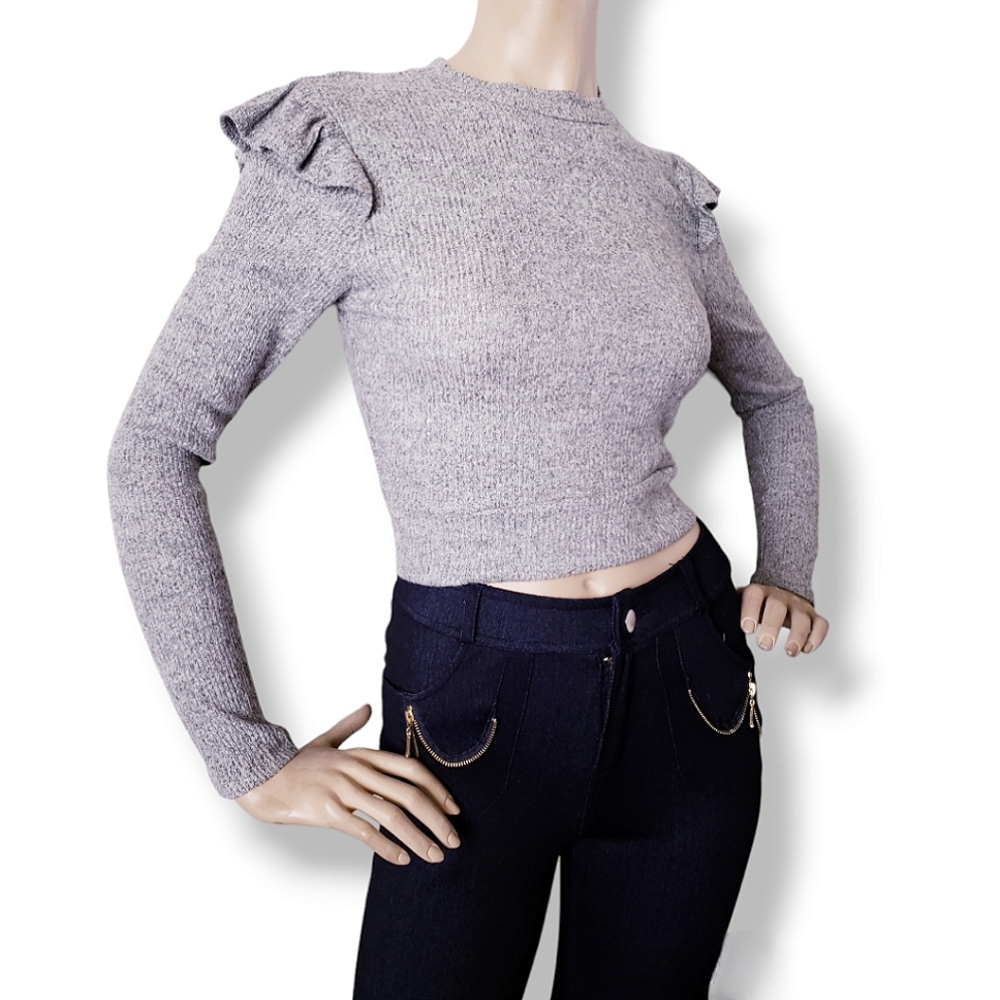 Heart & Hips Gray Ribbed Ruffled Shoulder Cropped Sweater Top - Picture 5 of 8